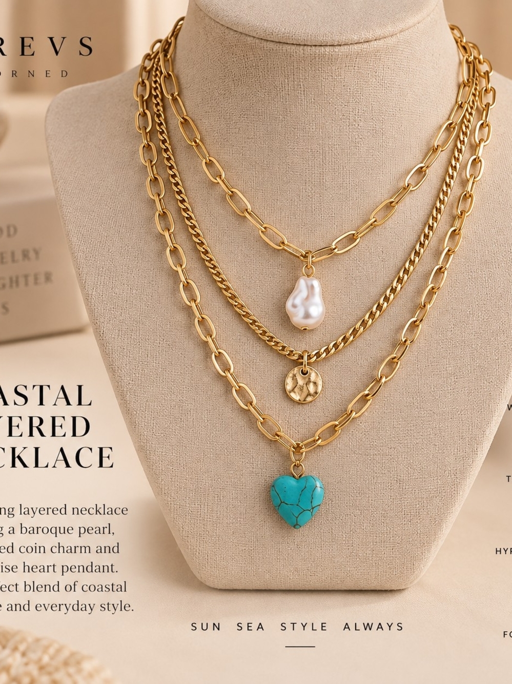 Gold Layered Necklace with Turquoise Heart and Baroque Pearl - Coastal Chic